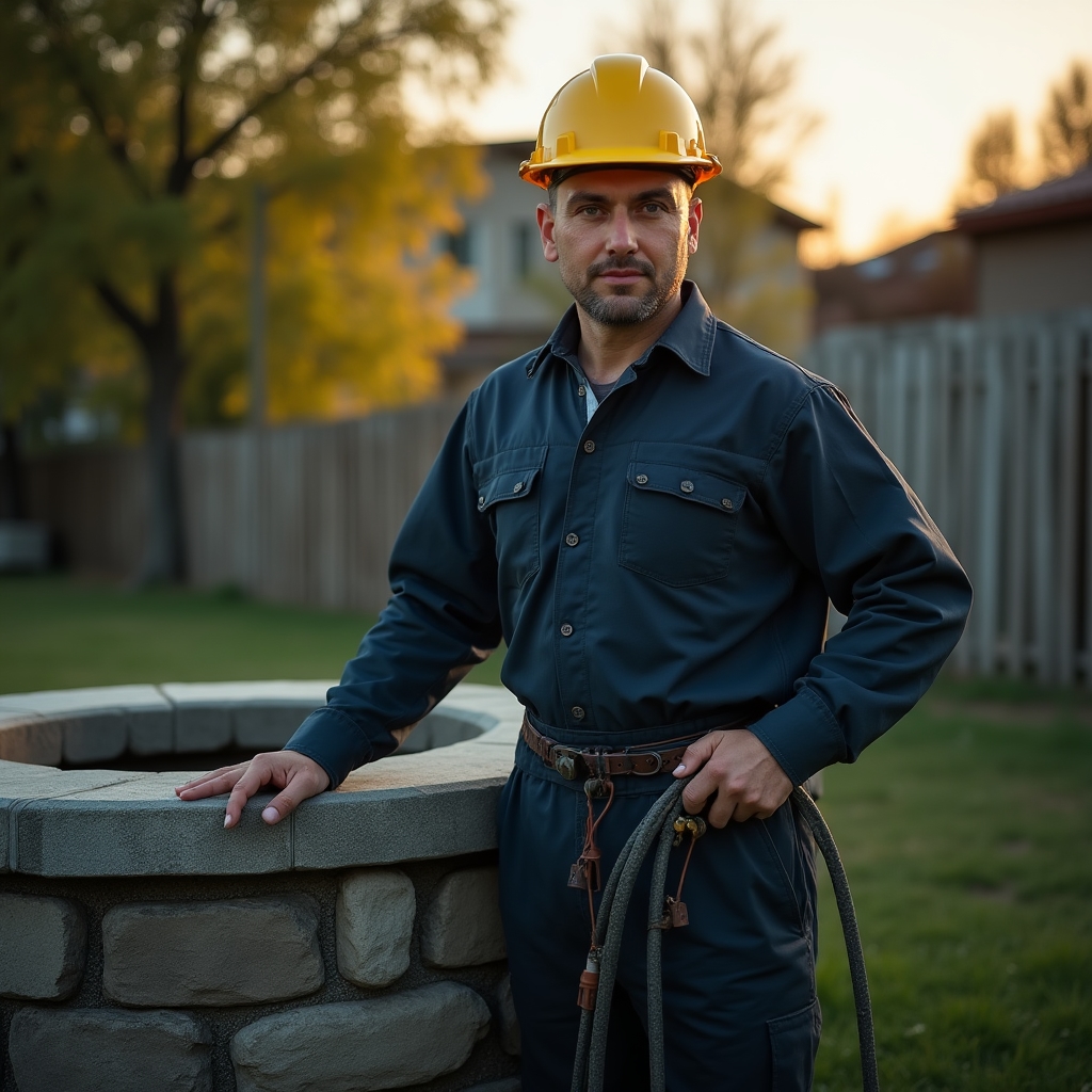 Специалист по чистке колодца с оборудованием